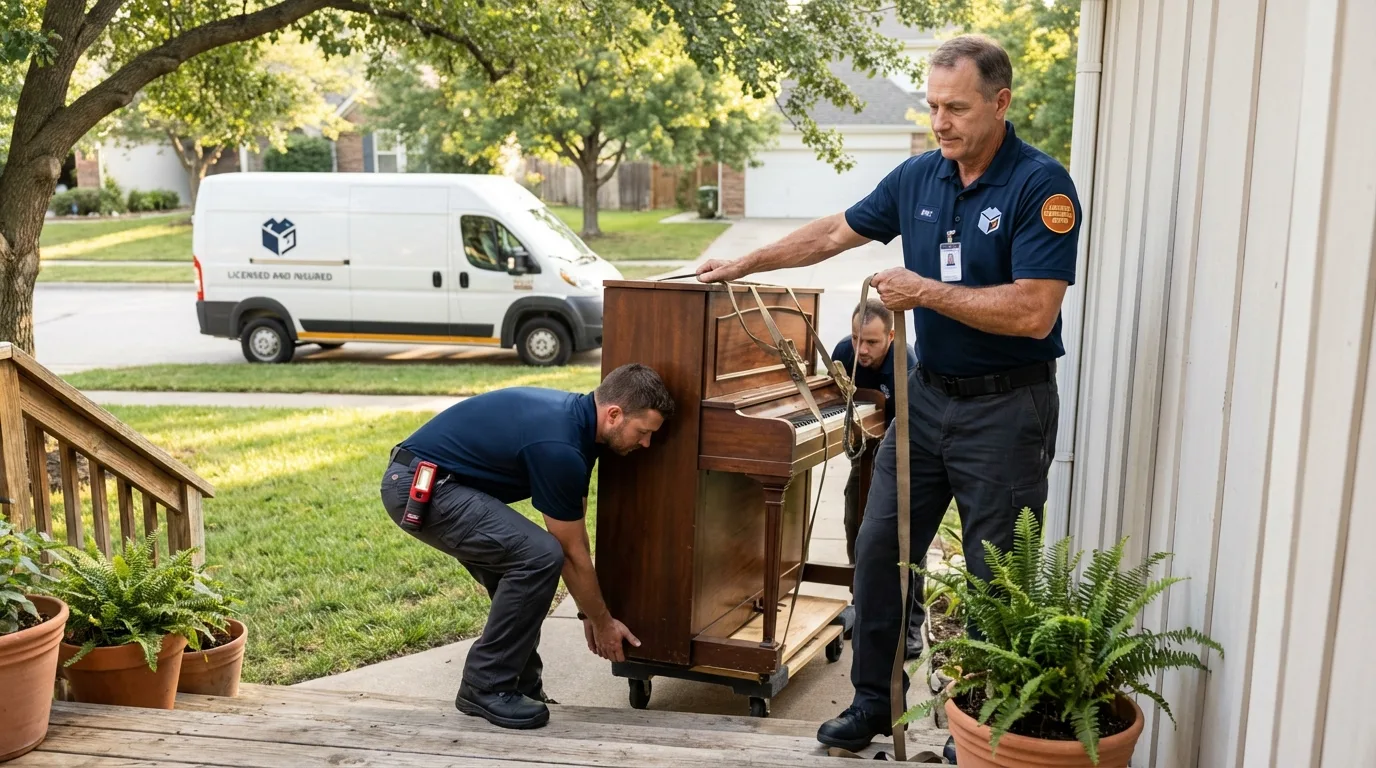 Licensed piano movers securing grand piano in Windermere, FL