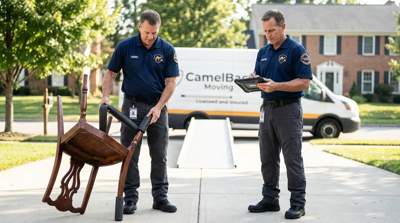 Movers inspecting furniture for damage prevention before loading in Windermere, FL
